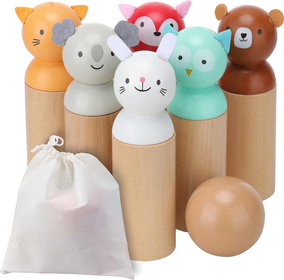   houten bowlingset voor kinderen - 6 kegels in de vorm van schattige diertjes, een houten bal en opbergtas - ontwikkelt de hand-oogcoördinatie