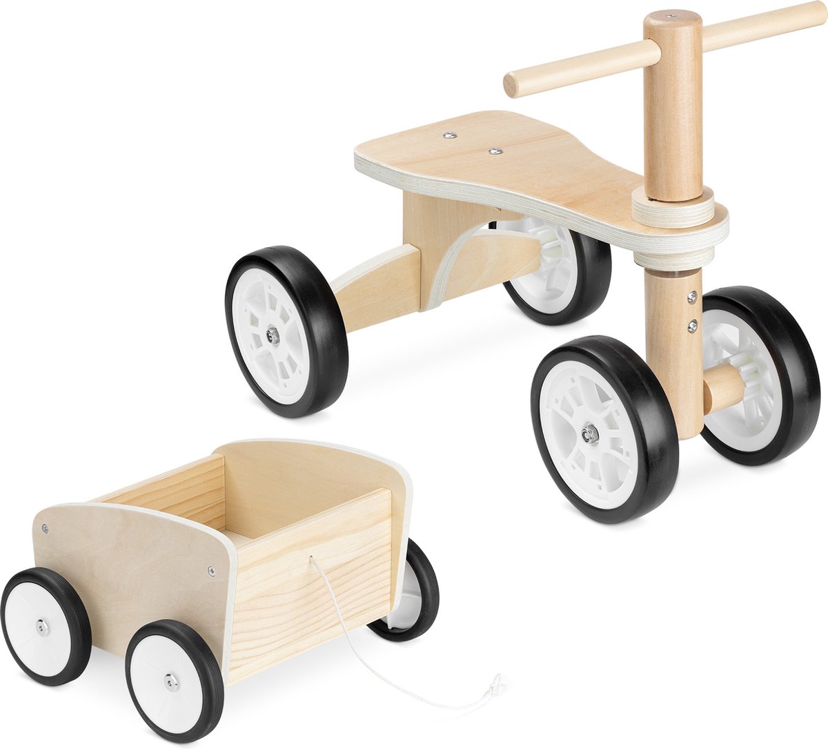 Navaris houten loopfiets met trailer - Peuterfiets van hout met 4 wielen - Vanaf 18 maanden - Voor jongens en meisjes