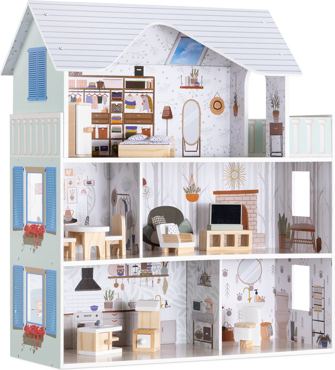 Navaris houten poppenhuis met accessoires - 3 verdiepingen met speelgoedmeubilair - Poppenhuis met 5 kamers en balkon - 69,5 cm x 62 cm x 27 cm