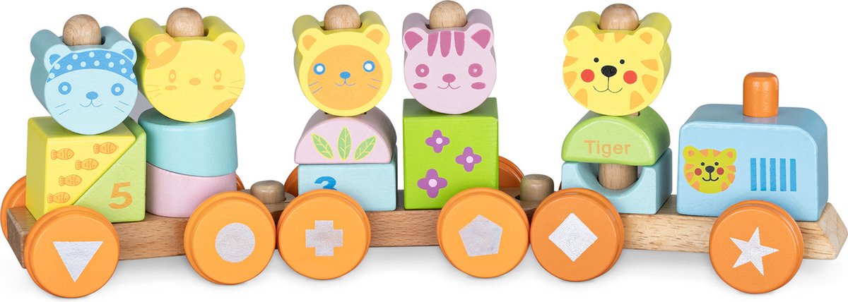 Navaris houten speelgoedtrein voor kinderen - Blokken met dieren en getallen - Voor jongens en meisjes - Vanaf 18 maanden - Kleurrijk tijger design