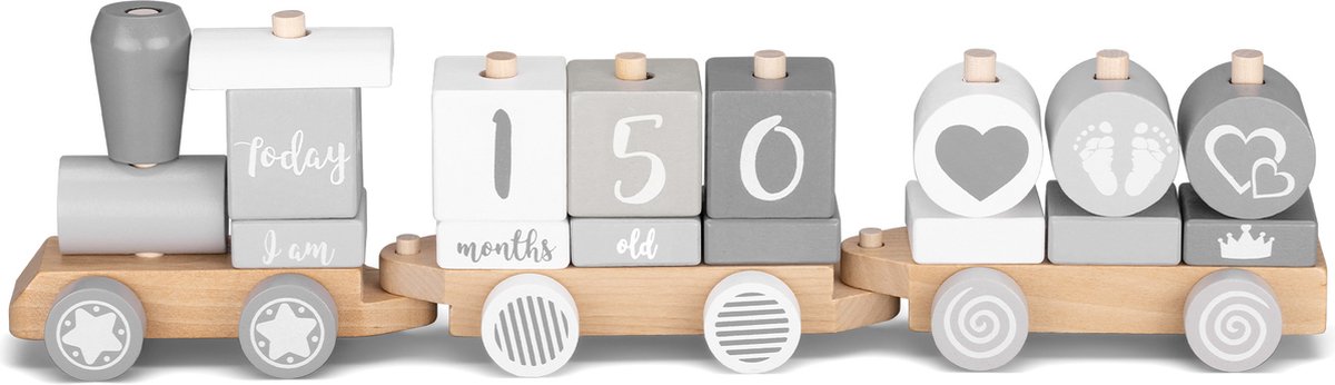 Navaris houten trein voor kinderen - trein houten speelgoed met letters cijfers in het Engels - baby game personaliseerbaar - deco houten trein - 20 stuks