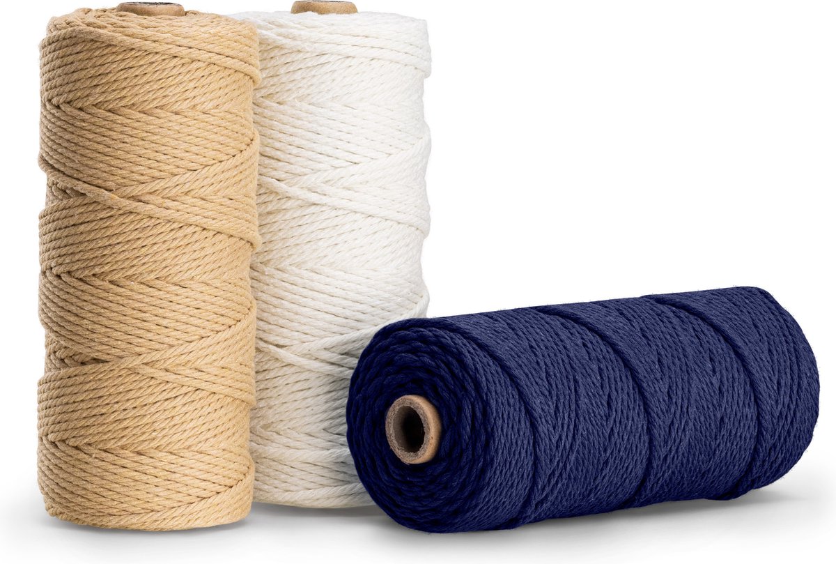 Navaris macramégaren set van 3 - Macramé touw 3 mm van 100% natuurlijk katoen - 100 m per klos - Koord in donkerblauw, crème en beige