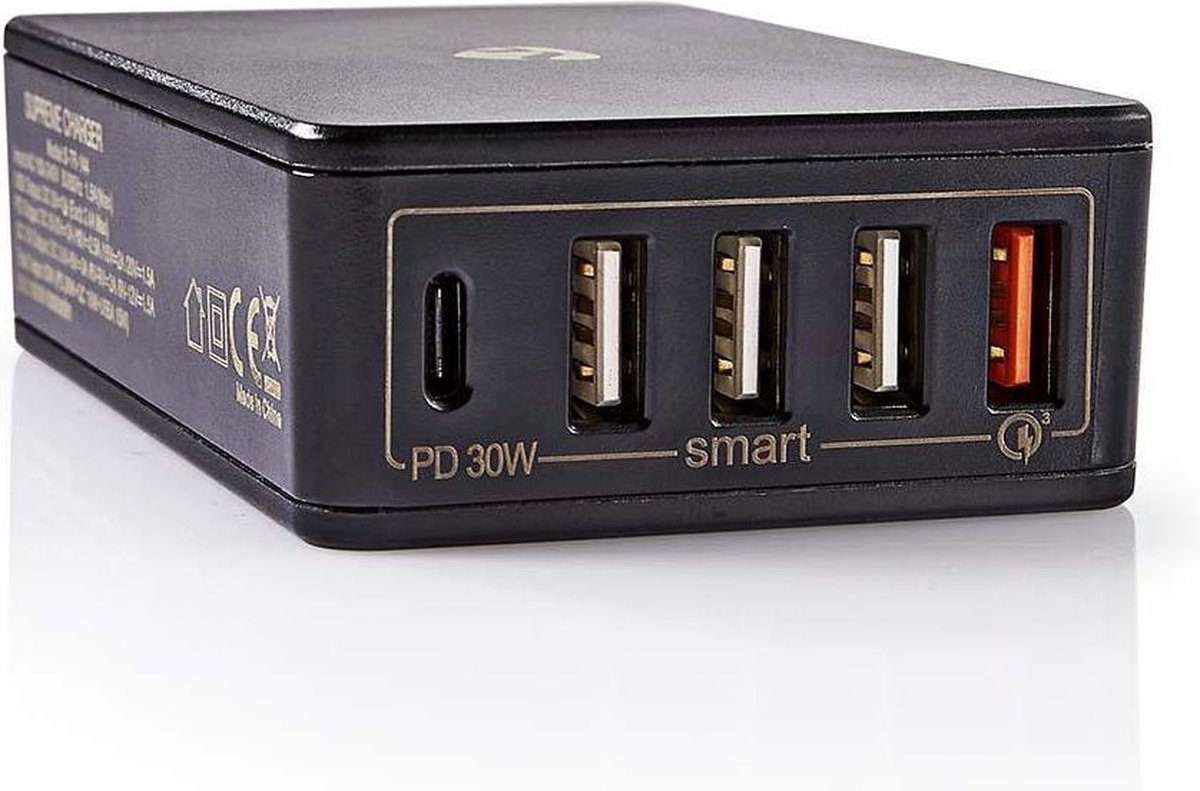 Nedis thuislader met 1 USB-C PD en 4 USB-A poorten - Quick Charge 3.0 - 63W / zwart