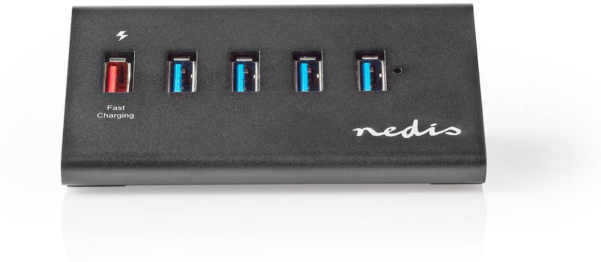 USB-Hub  5-Poorts  USB 3.0 met Externe Voeding  QC3.0 Oplaadpoort  5 Gbps  Aluminium