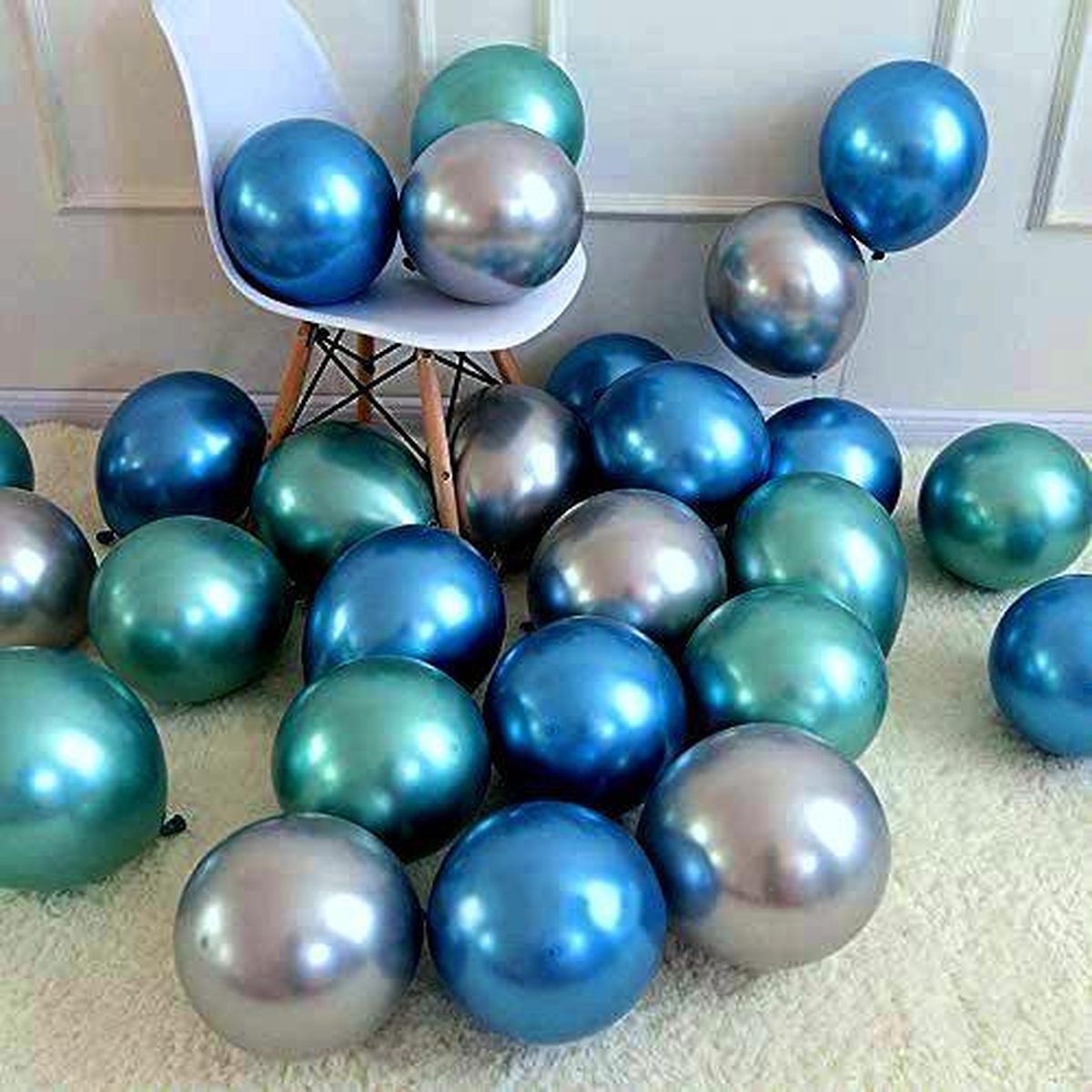 50 stuks Stijlvol koraal assortiment  grote ballonnen - metallic groen, metallic blauw en zilver - verjaardag ballonnen - 36 cm lang - hoge kwaliteit bio afbreekbaar latex -  voor helium, lucht, etc. - Nu met gratis snel sluiters t.w.v. 10,95