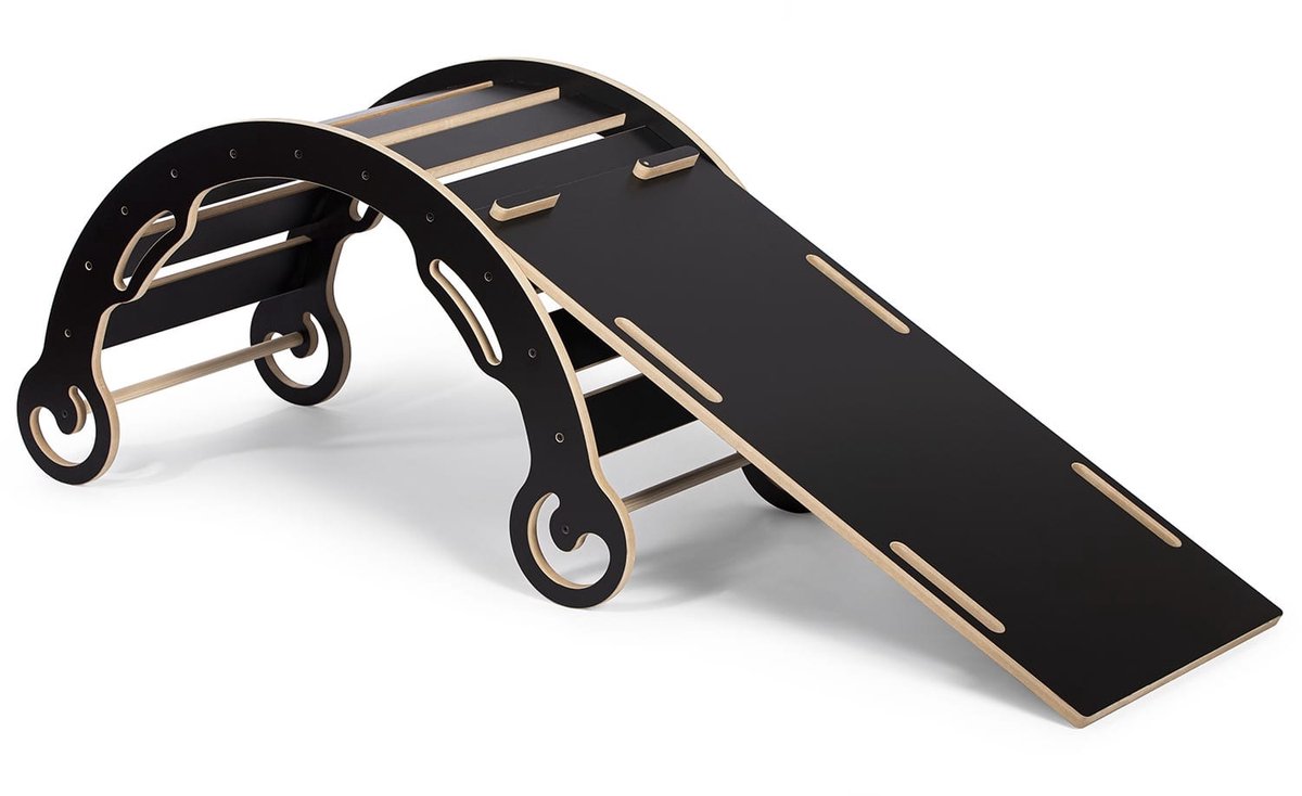   - Montessori Klimboog met 2-in-1 Glijbaan - 103x50x54 cm - Schommelboog & Klimwand - Houten Speelgoed voor Kinderen 2-6 Jaar - Zwart