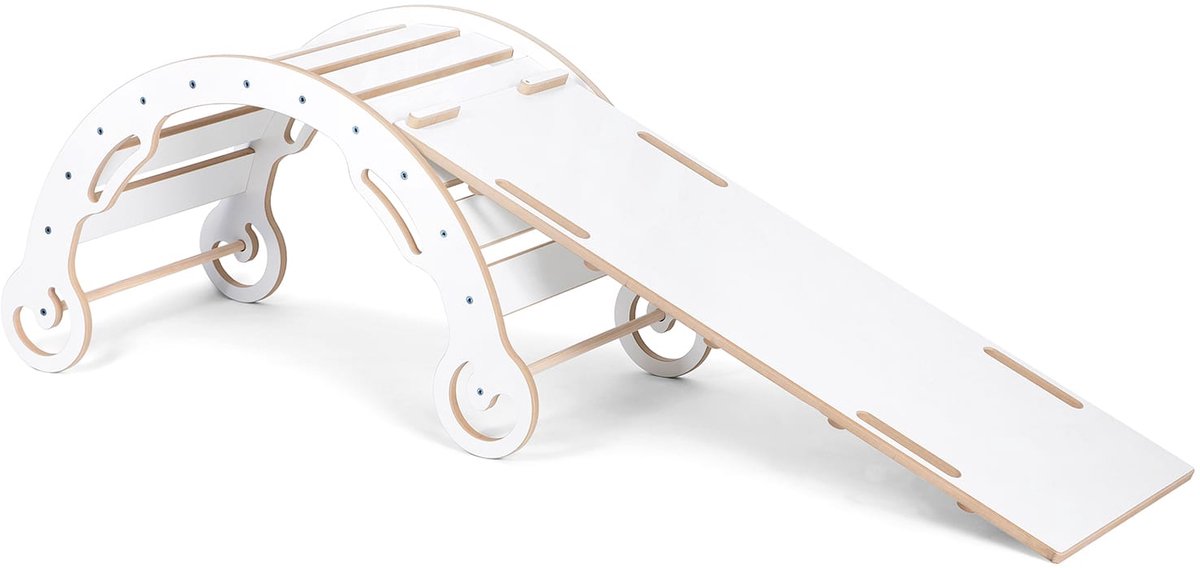   - Montessori Klimboog met 2-in-1 Glijbaan - 120x50x68 cm - Schommelboog & Klimwand - Houten Speelgoed voor Kinderen 2-99 Jaar - Wit