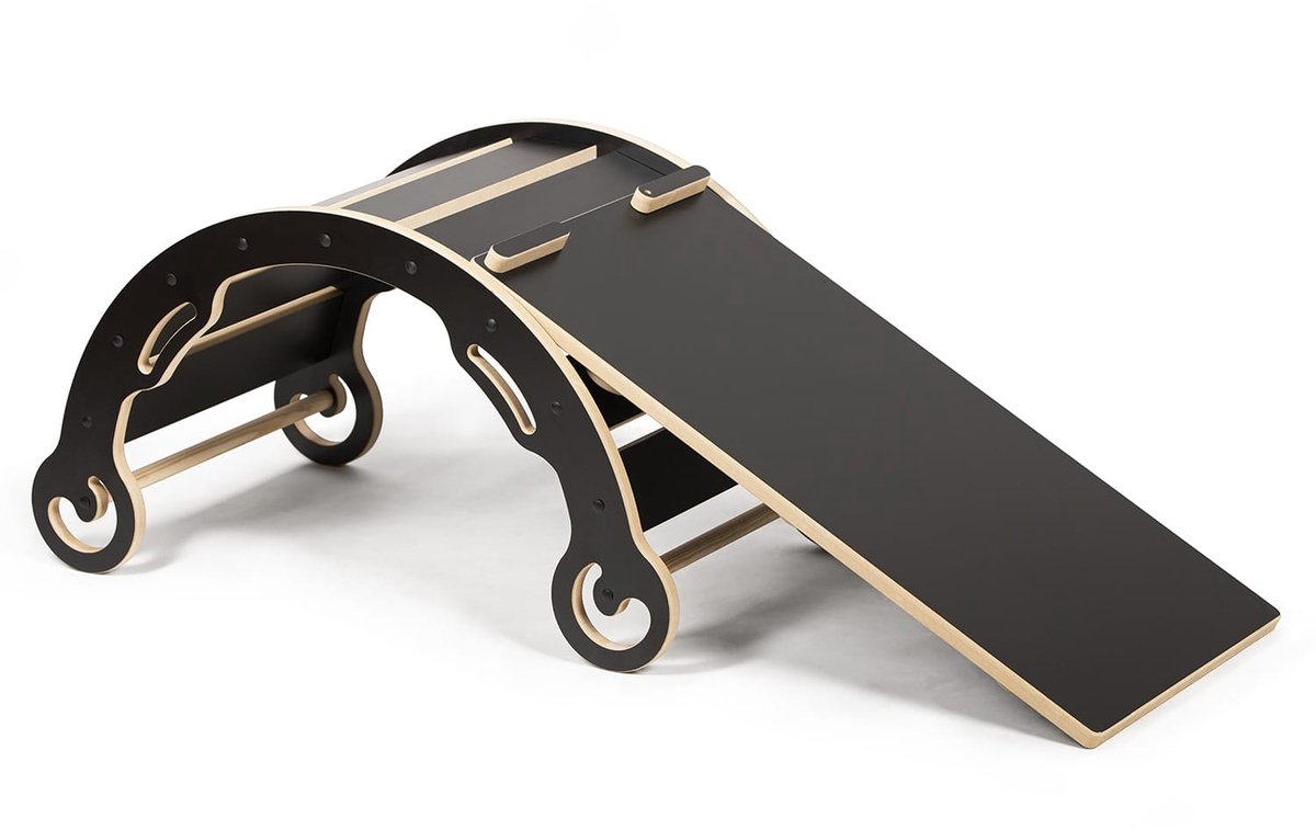   - Montessori Klimboog met 2-in-1 Glijbaan - 85x42x41 cm - Schommelboog & Klimwand - Houten Speelgoed voor Kinderen 1-3 Jaar - Zwart