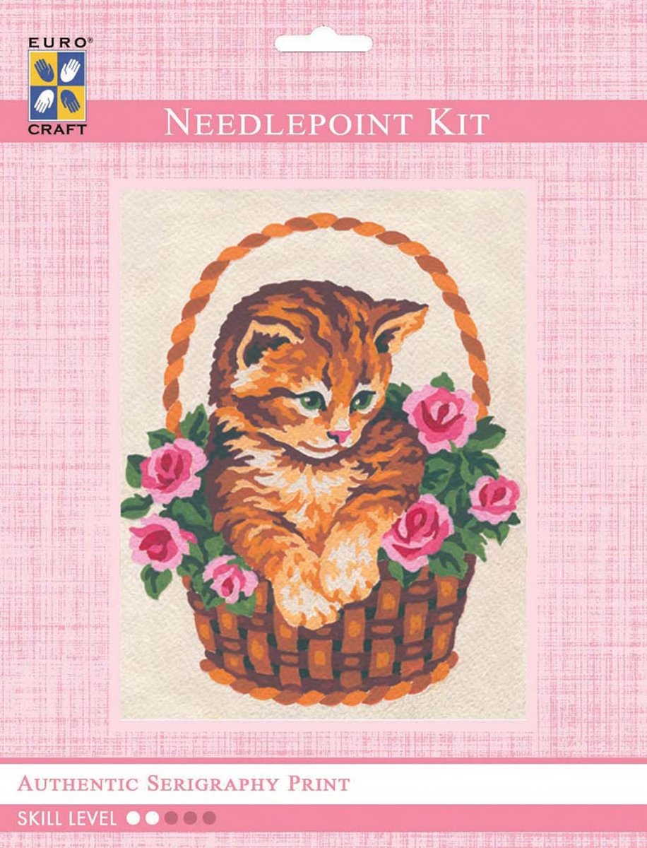 3138K - Eurocraft NEEDLEPOINT KIT 14x18cm Kitten in Rose Basket