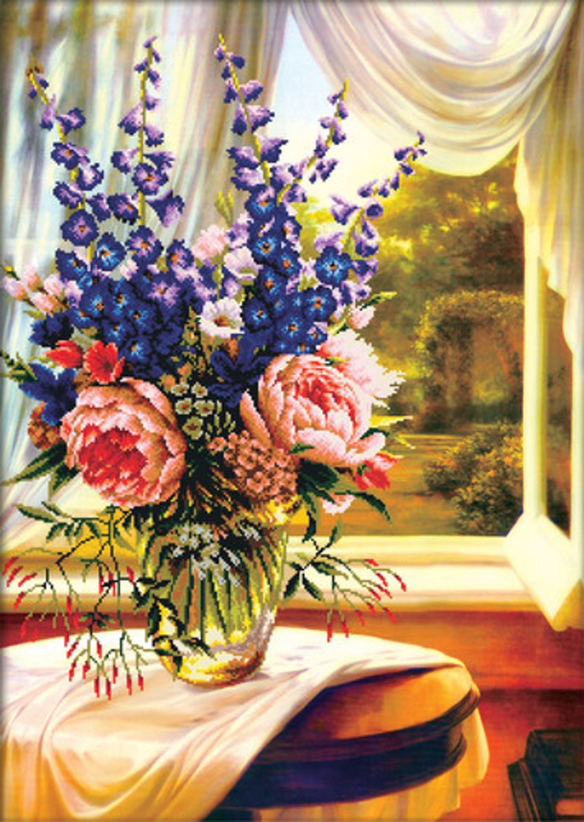 Floral Vase by the window, No-Count Cross Stitch Kit