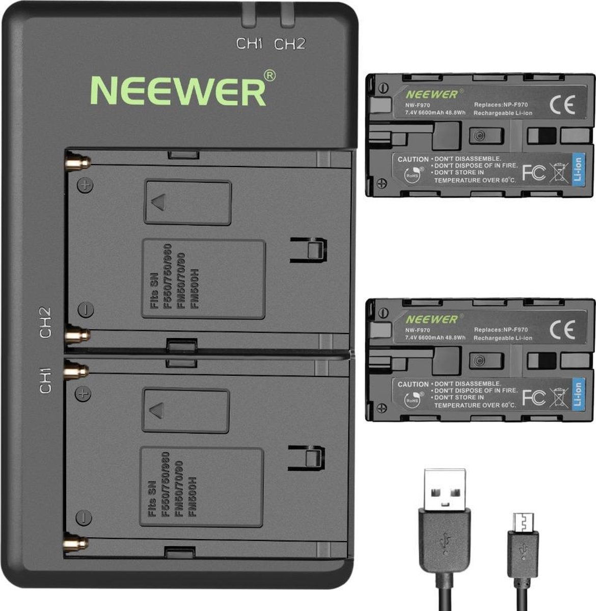 NP-F970 Sony Kit - Camera Batterij Set - 6600mAh USB oplaadbaar - Neewer