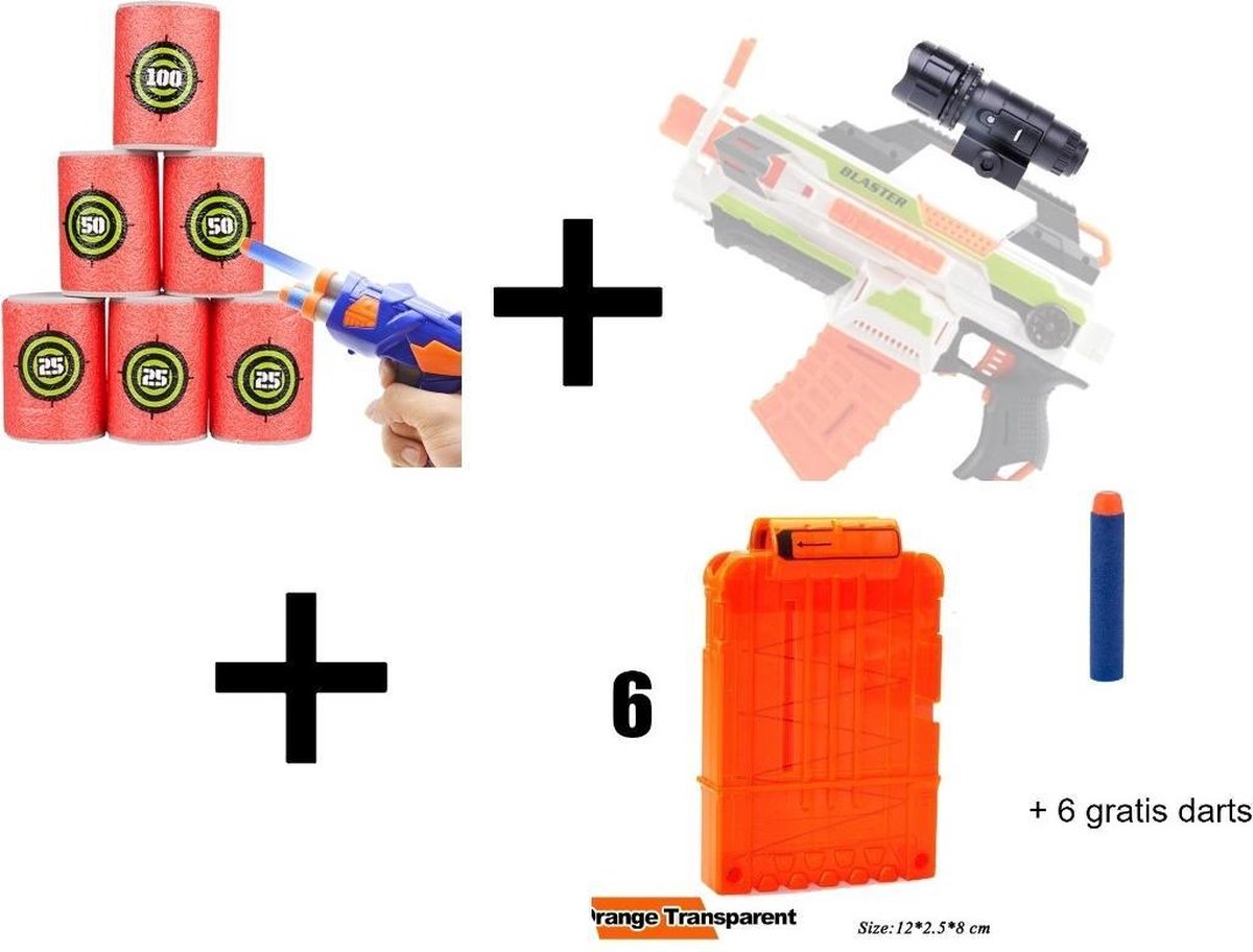 Nerf bundle - uitbreid set - starter kit - Scope zaklamp (universeel - attachment- extensie - accessoires) - 6 Munitie clip + 6 geschikt voor Nerf pijltjes = Foam Blik Doelen - Foam Blik Targets