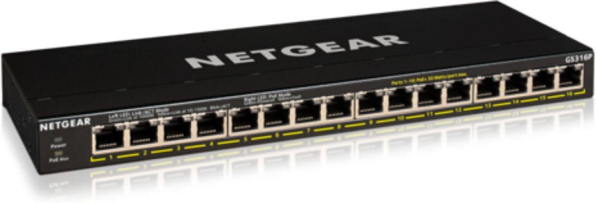 Netgear GS316P Unmanaged Gigabit Ethernet (10/100/1000) Zwart Power over Ethernet (PoE)