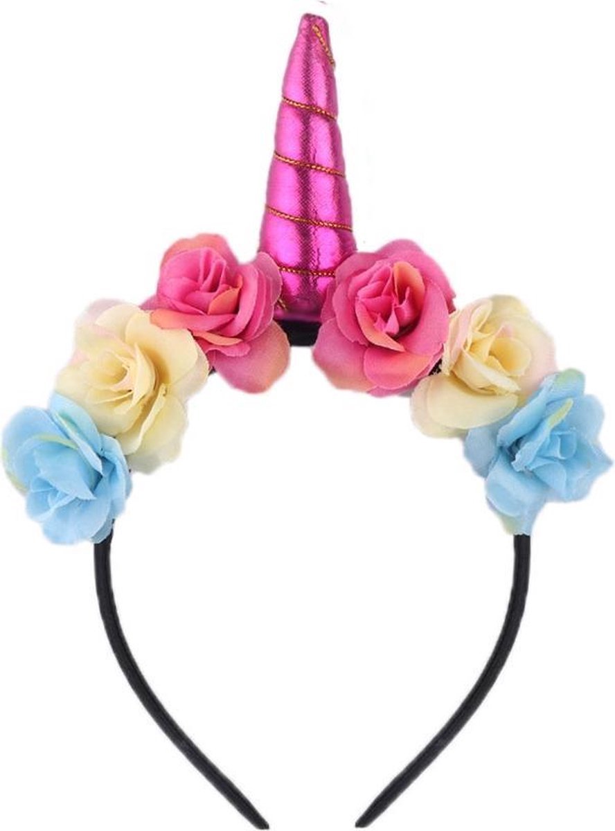 New Age Devi - Bloemen-Eenhoorn-Haarband-Roze-Unicorn-Diadeem-Pink-Hoorn-Haar-Lolita-Bloemetjes-Festival