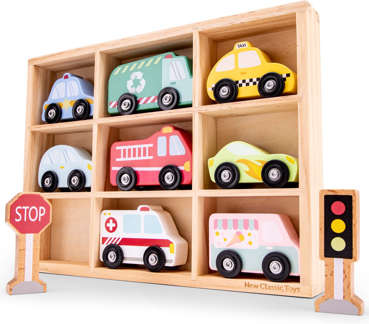 New Classcic Toys Autos in Houten Box - 8 autos, 1 stoplicht en 1 stopbord