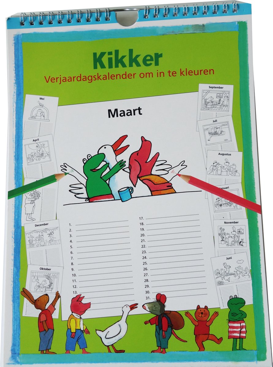 Kikker verjaardagskalender om in te kleuren