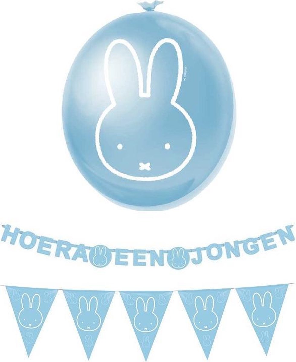 Nijntje babyshower set jongen - hoera een jongen - blauw - geboorte versiering - slinger, guirlande en 6 ballonnen