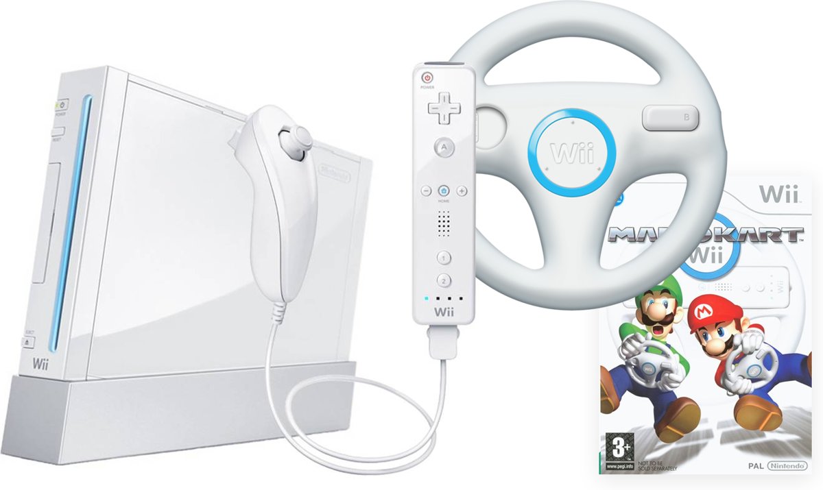 Refurbished Nintendo Wii (Wit) + Mario Kart + Wii Wheel