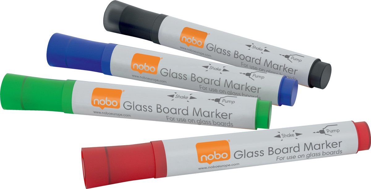 Nobo Glasbord Markers - 4 Whiteboard Stiften - Zwart, Rood, Blauw en Groen