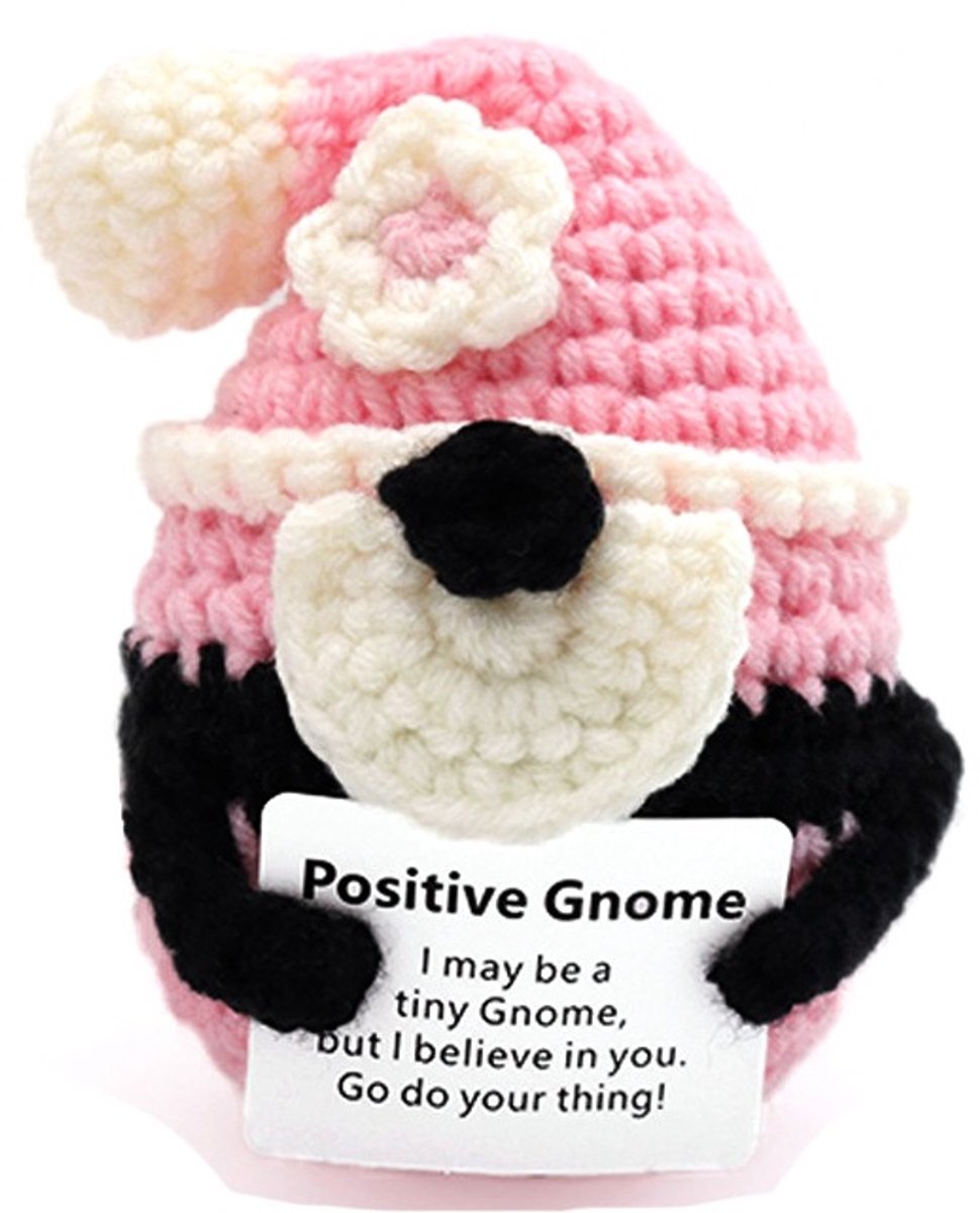 Positive Gnome - gehaakt poppetje - kabouter - 8cm - positief vriendje - grappig - schattig - hip - cadeau - uniek