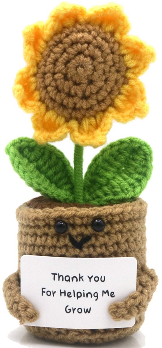 Positive Sunflower - Positieve Vriendjes - Thank you for helping me grow - Zonnebloem - 14cm - Cadeau Artikel - Gehaakt Poppetje