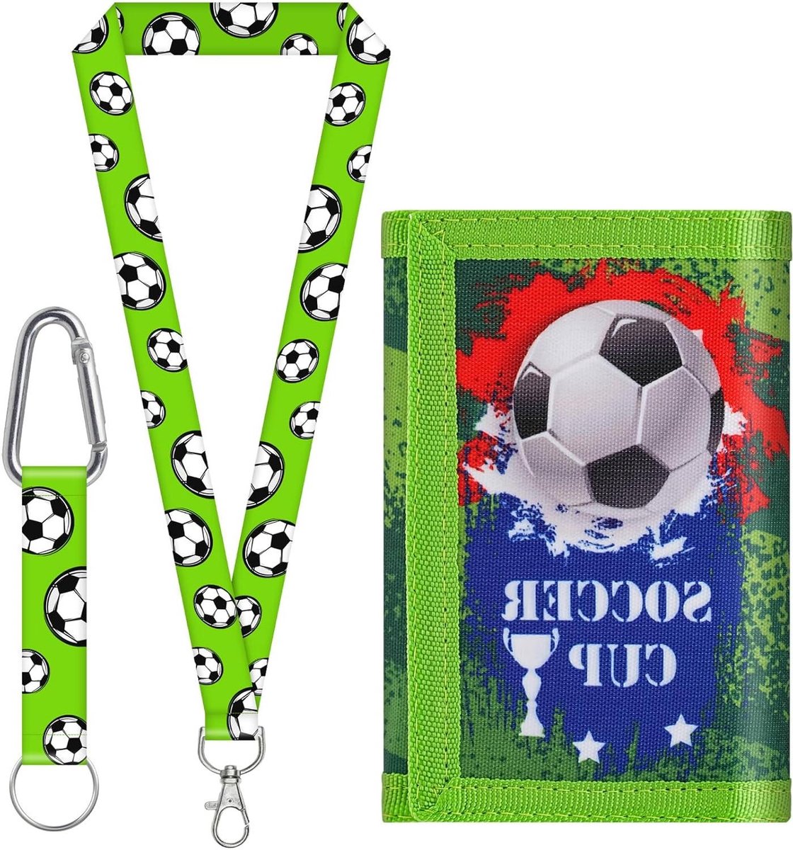   - Canvas Voetbalportemonnee voor Kinderen van 3-18 jaar, Groen C, Driebladig Ontwerp met Nek/Polskoord, Kaarthouders en Muntvak.