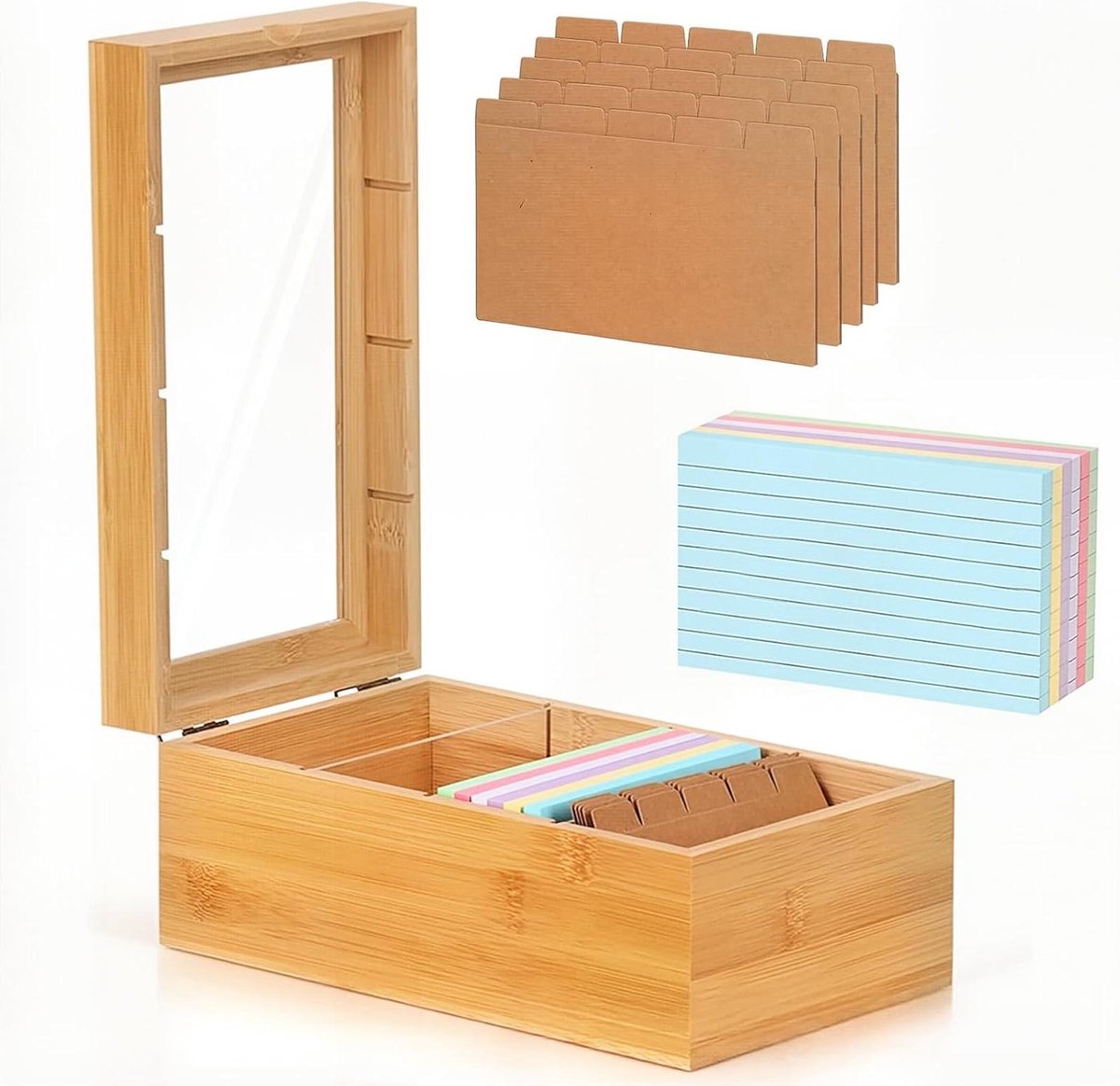   - Houten Systeemkaartenbox met Deksel - 25,4 x 15 x 10 cm - 300 stuks Kaarten - Voor Kantoor en Scholen