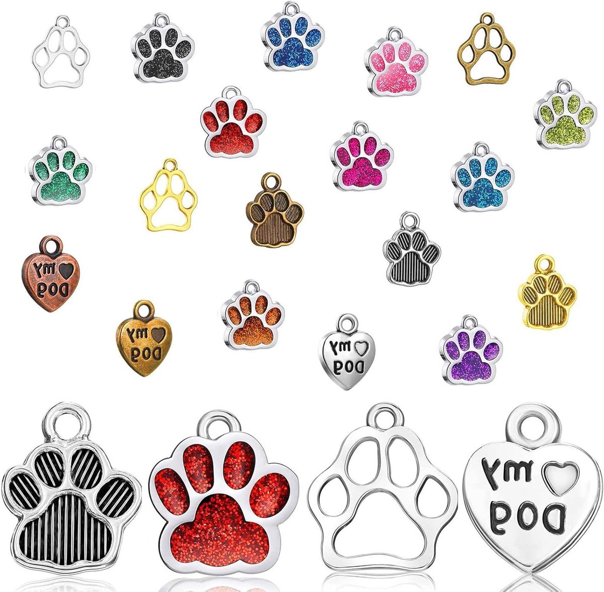   - Kleurrijke hangers voor huisdieren - Set van 19 stuks - Metaal - 4 stijlen - Voor sieraden maken - Kat - Hond - Pootprint.