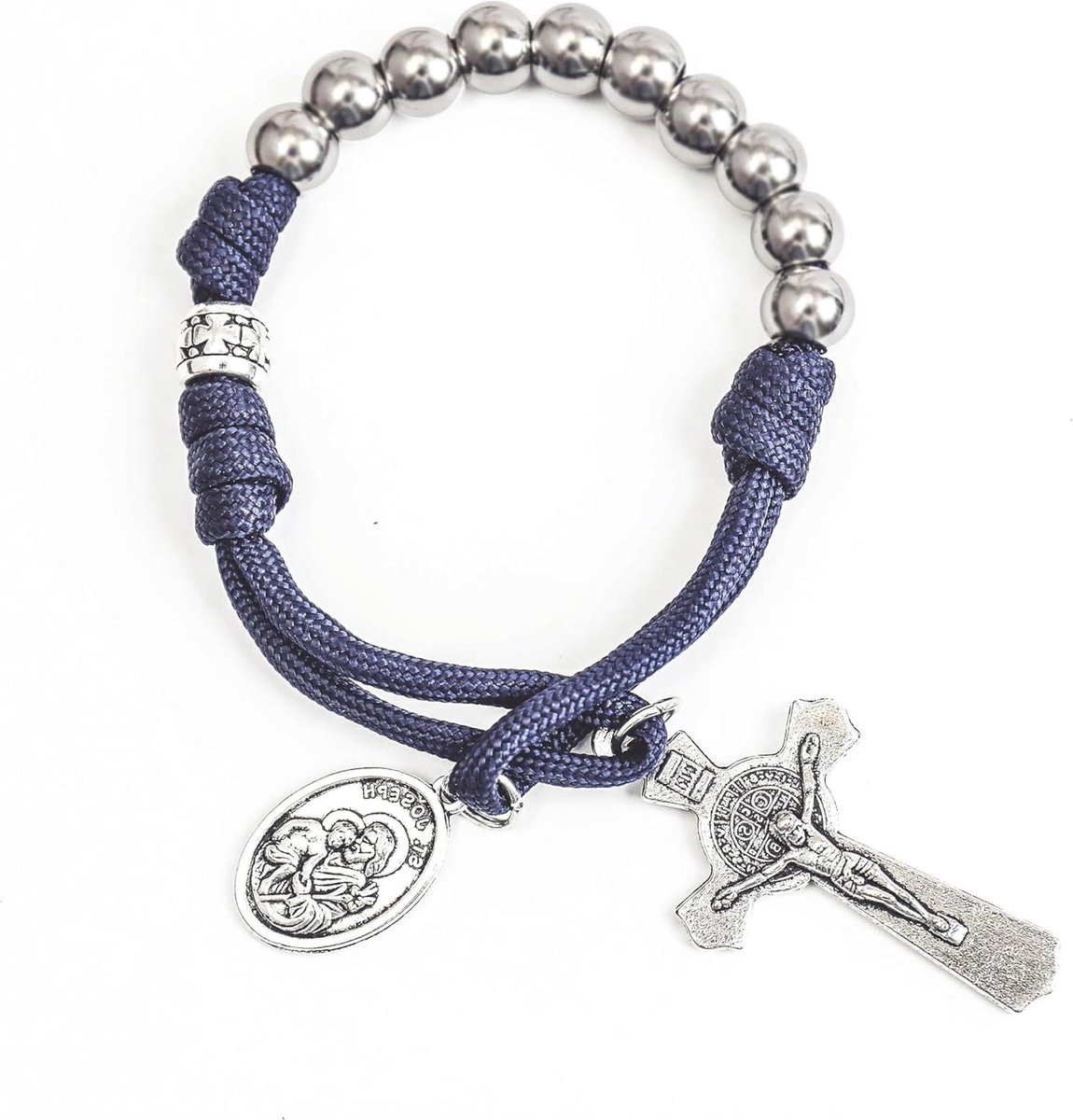   - Paracord Rozenkrans Militaire Stijl met Zilveren Kralen - St. Joseph Medal en St. Benedict Kruis - Bid voor Ons.