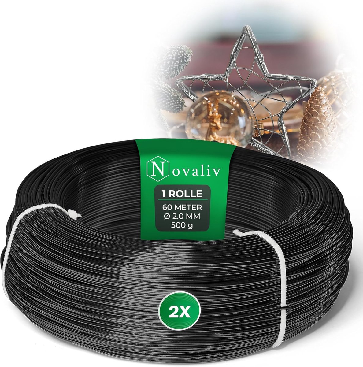 Novaliv 120 meter aluminiumdraad 2 mm zwart, knutseldraad, ideaal als buigdraad voor knutselen, veelzijdig voor doe-het-zelfprojecten en decoraties, rol van 60 m decoratief draad, bloemendraad, geen sieradendraad