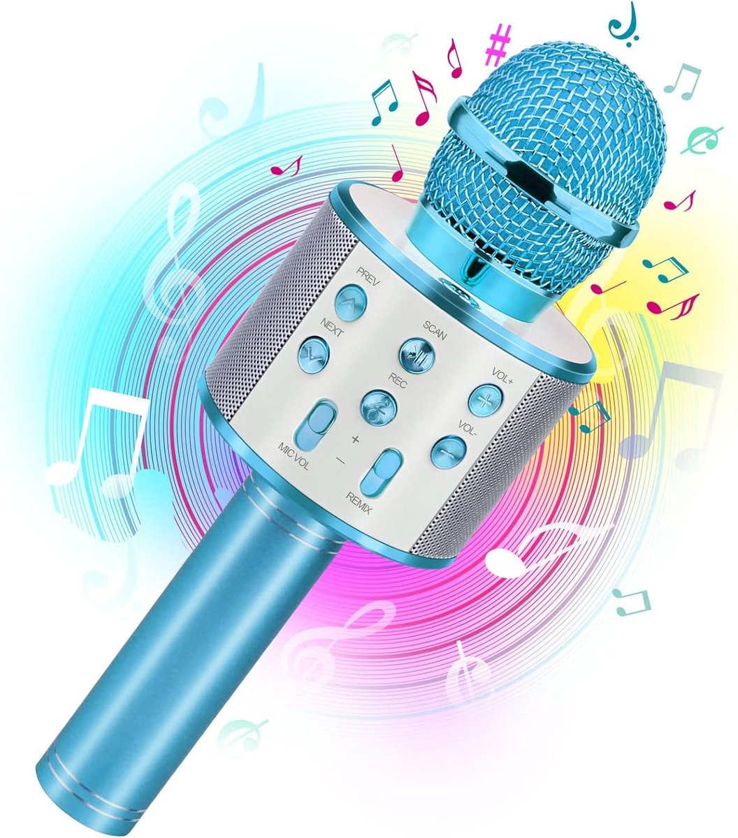 Karaoke Microfoon met Bluetooth en Echo Effect Blauw - Karaoke Set voor Volwassenen Speaker en Lichteffecten - Stemvervormer