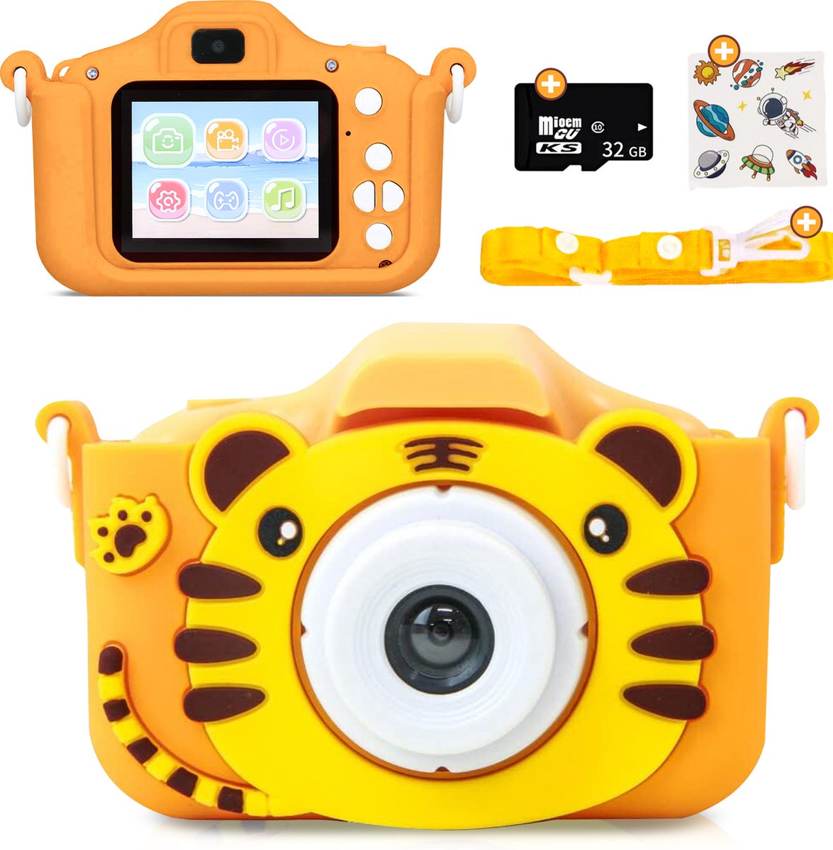   Digitale Kindercamera inclusief Stickervel - Full HD - Fototoestel voor Kinderen - Creatief Speelgoed - 48MP - 32GB SD-kaart - Oranje Tijger