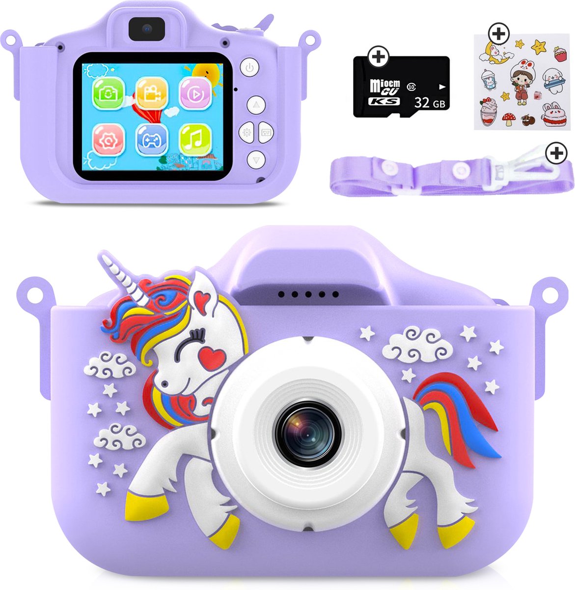   Digitale Kindercamera inclusief Stickervel - Full HD - Fototoestel voor Kinderen - Creatief Speelgoed - 48MP - 32GB SD-kaart - Paarse Eenhoorn