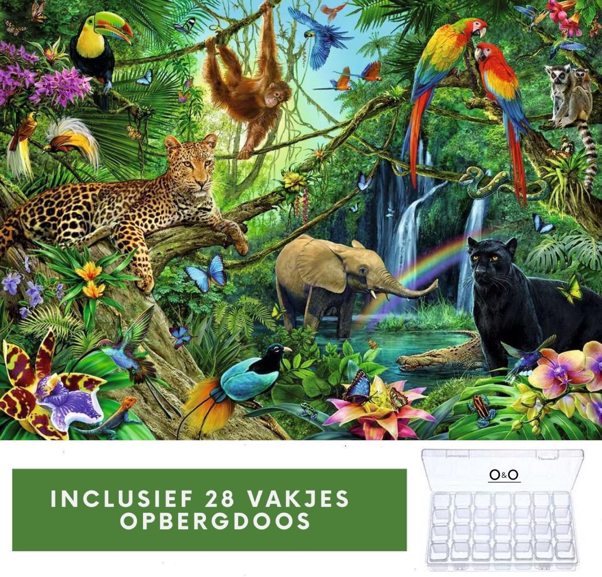 Diamond Painting - Jungle met dieren - 30 x 40 cm - Inclusief GRATIS opbergdoos! - Volwassenen & kinderen - Vierkante steentjes - Volledig pakket - Diamant schilderen - Zelf schilderijen maken