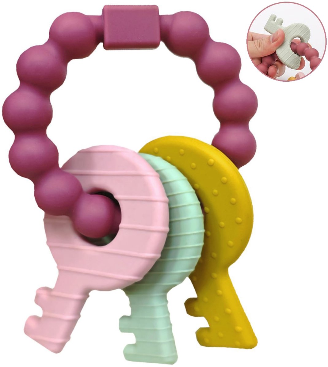 Siliconen Bijtspeelgoed Sleutelbos Baby - Tandjes Pijn Verzachter - BPA-Vrij Voedingskwaliteit - Sensorische Sleutelhanger voor 3-18 Maanden - Gemakkelijk Grijpbaar - Wijnrood