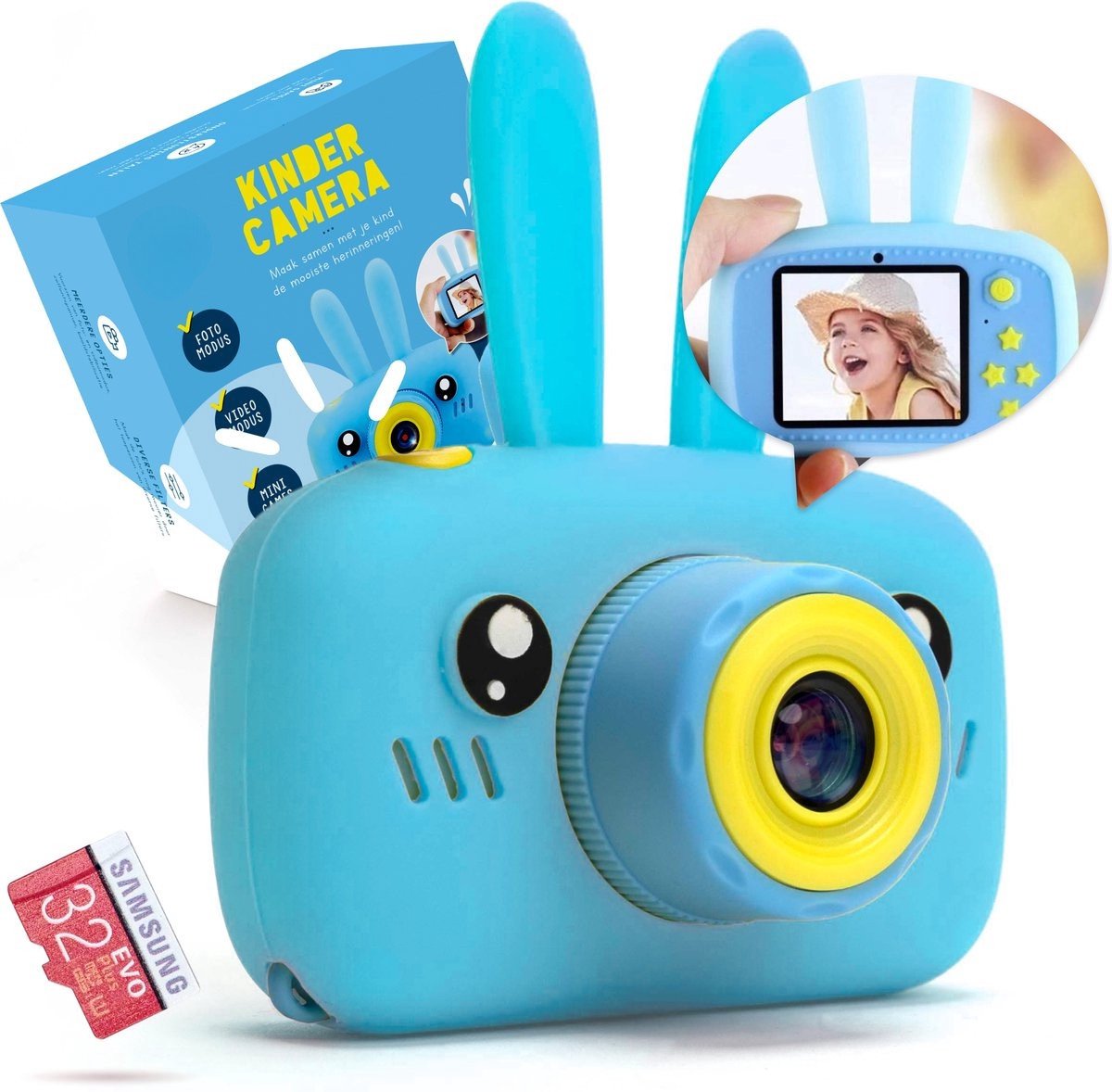   Digitale Kindercamera - Digitaal - Kids camera - Konijn - Met 5 Mini-games & Filters - Incl. 32 GB Geheugenkaart + Stickers - camera kinderen - Vlogcamera met games - Fototoestel voor Kinderen - Klein Formaat Speelgoed - Blauw