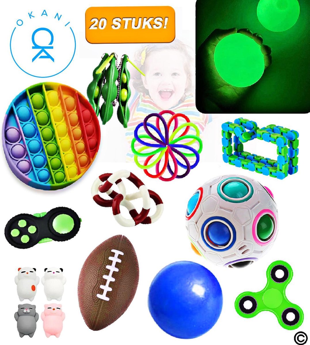 Okani© - Fidget toys pakket - 20 Toys Set - Pop it regenboog - Glow in the dark - Sticky balls - Tiktok speelgoed - Fidget cube - Fidget pad