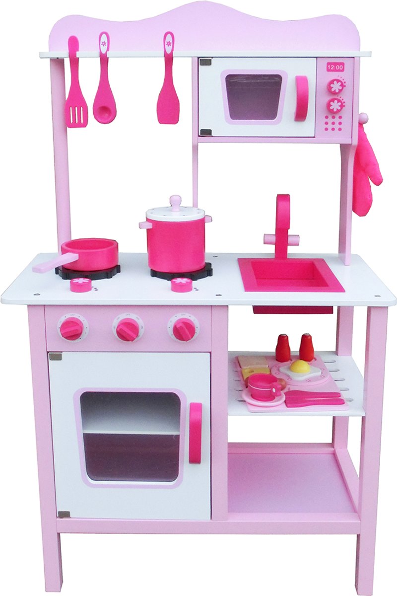 Pink wooden play kitchen with cookware set Houten Keuken