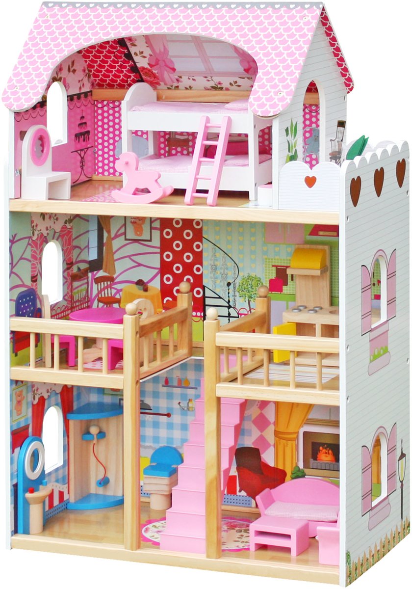 Solid wooden doll house with 18 pcs mini furnitures 90cm tall