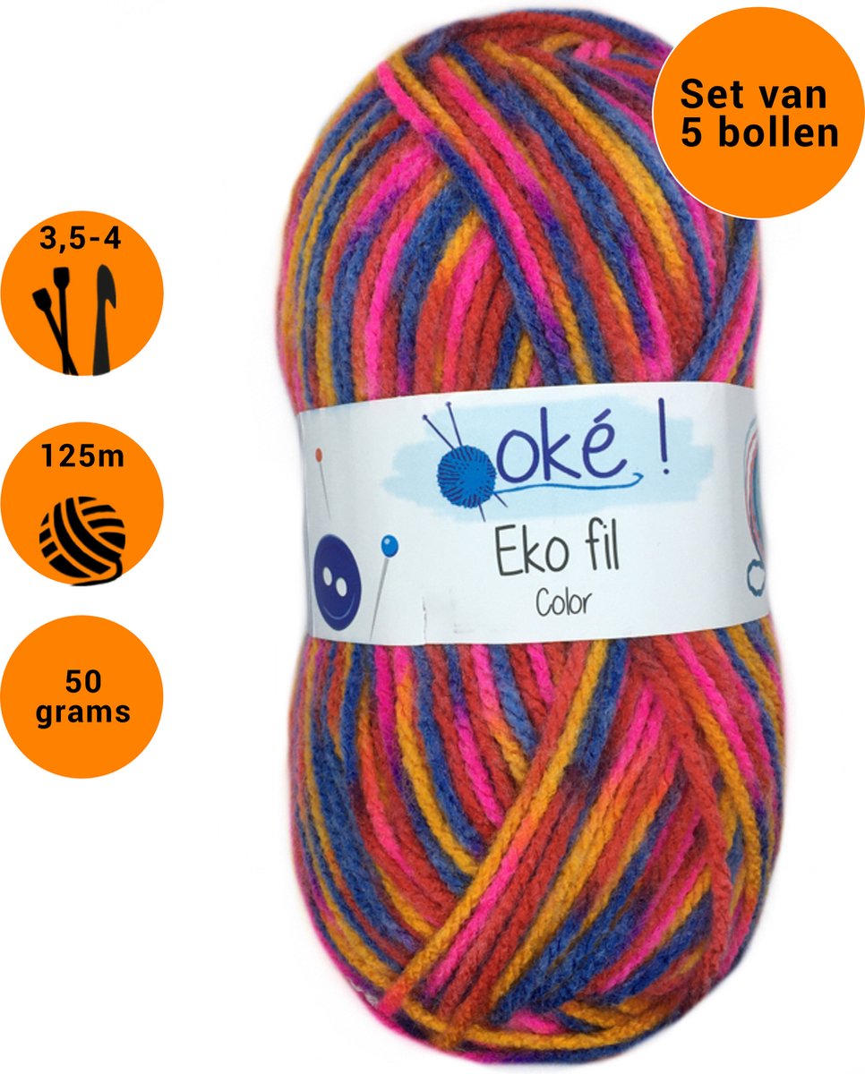 Eko fil - 5 bollen multi color (325) gêmeleerd acryl garen - naald 3,5 a 4 mm.