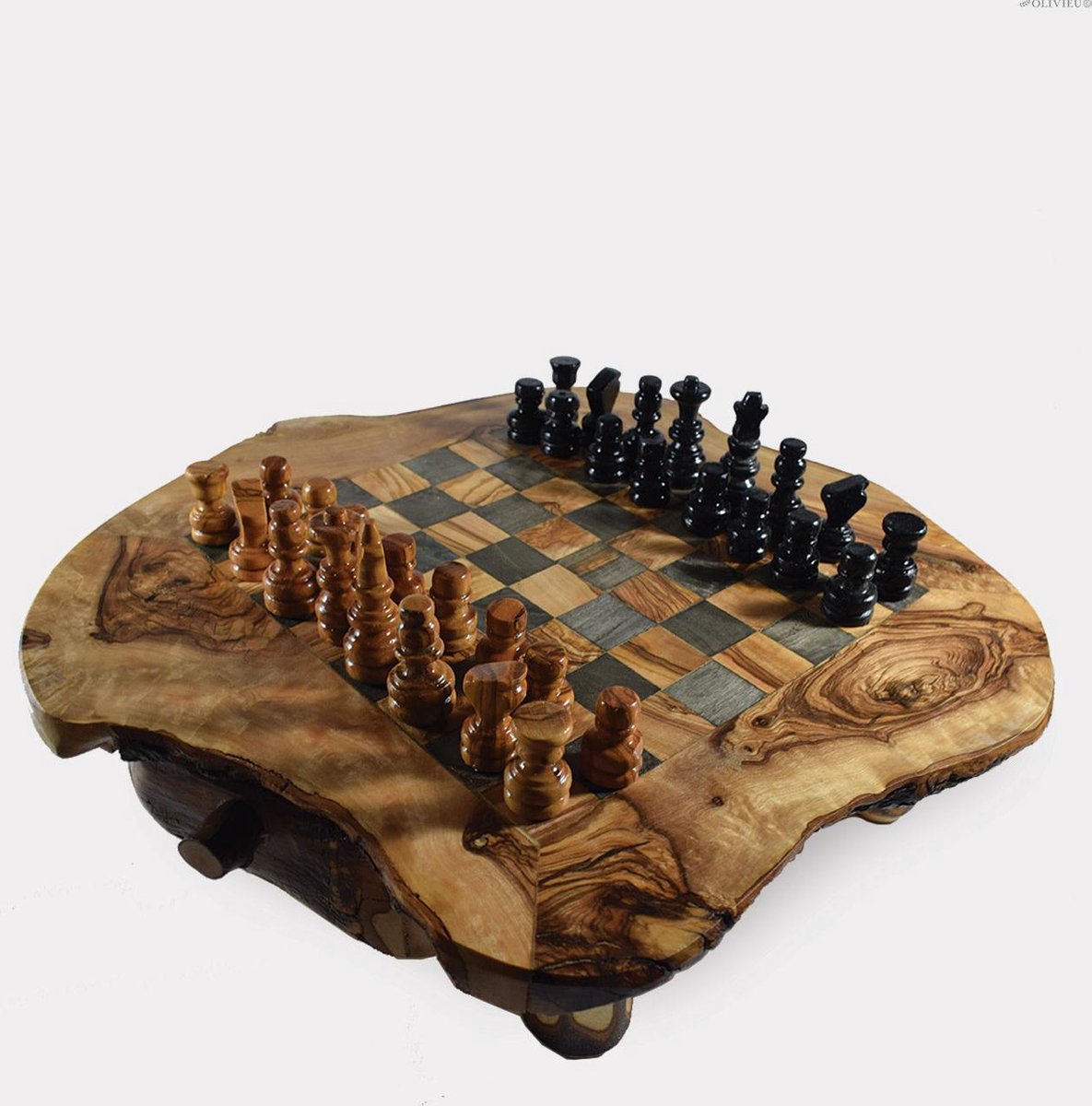 OLIVIEU ~ Intelligente ~ Handgemaakt Schaakspel Hout 50 cm ~ Olijfhouten Schaakbord met Schaakstukken ~ Schaakset ~ Cadeau Kerst