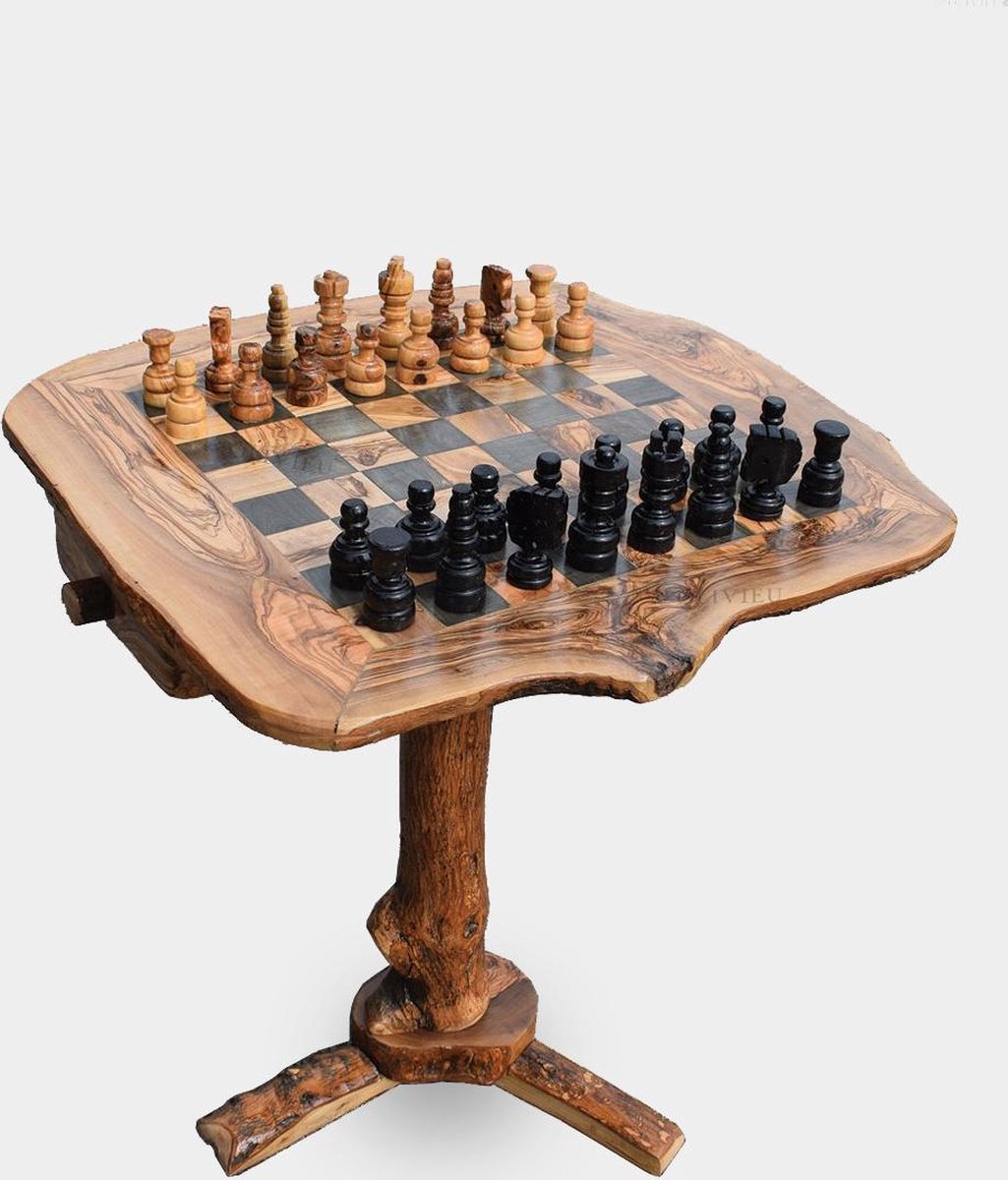 OLIVIEU ~ Olijfhouten / Houten Schaakbord Tafel ~ 52 cm ⌀ ~ Schaaktafel ~ Schaakspel ~ Intelligent ~ Origineel Relatiegeschenk Kerst ~ Uniek Interieur Object