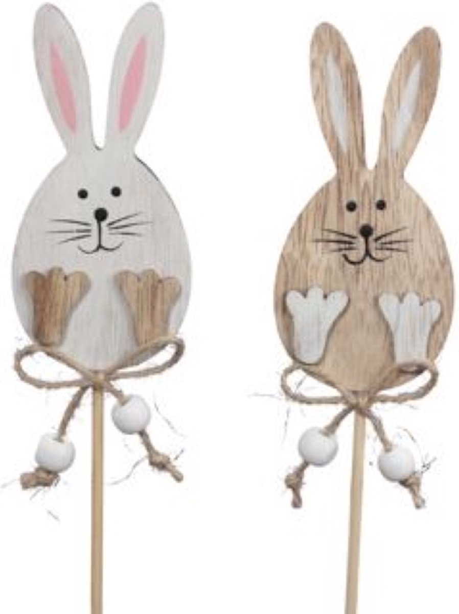 Oneiro’s Luxe pb. 4 wooden rabbits/stick natural 5x12cm – decoratie – pasen – paasdecoratie – paashaas – eieren – has – kip – gekleurde eieren – paastak – lente – feestdecoratie