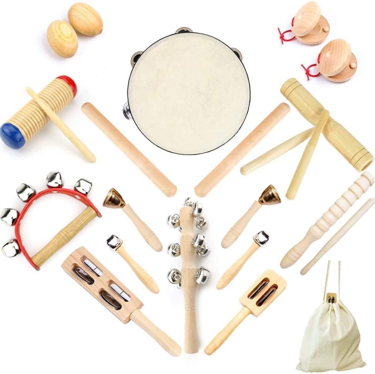 Onirique - Muziekinstrumenten - Houten Percussie Instrumenten -Baby - Kinderen - Peuters - Kinderen - 23 Stuks - Puur Hout - Speelgoed Set - Premium Percussie-Ritme Kit - Katoenen Tas Verpakt