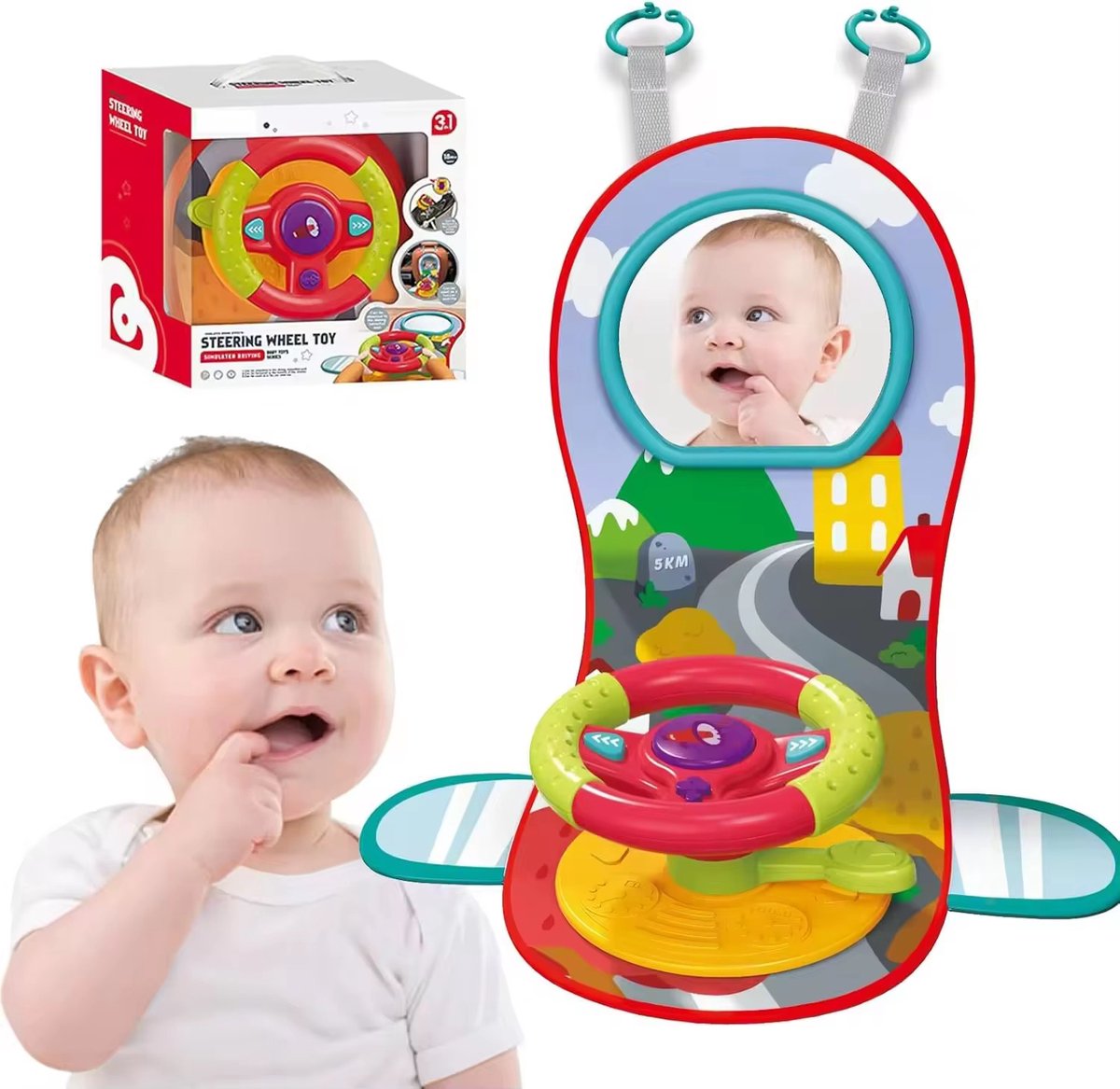 OODBLUE Baby Stuurwiel Speelgoed – 3-in-1 Interactief Licht & Geluid – Autostoel & Tafel Speelgoed – Baby Activiteitenspeelgoed 18+ mnd