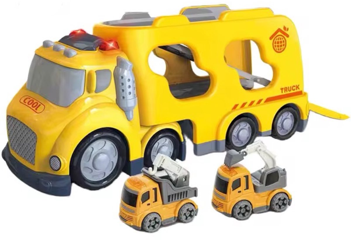 Transport Vrachtwagen met Licht & Geluid – Inclusief 1 Bouwvoertuig – Speelgoed voor Binnen & Buiten