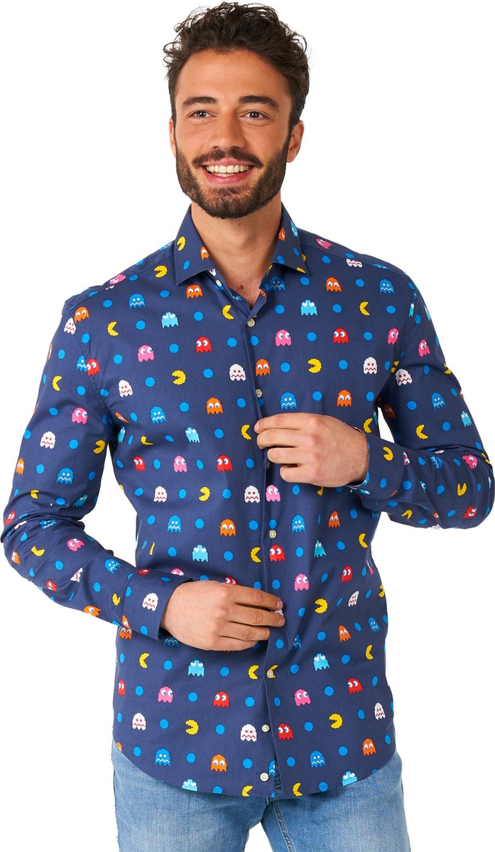 OppoSuits Lange Mouwen Overhemd Pixel PAC-MAN - Heren Overhemd - Carnavalskleding - Casual Gaming PAC-MAN Shirt- Wit - Maat EU 43/44