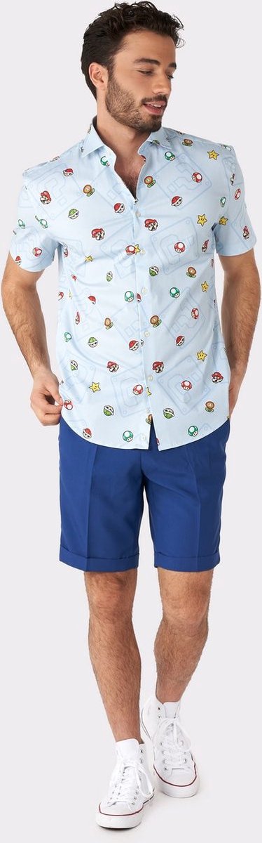 OppoSuits SHIRT Short Sleeve Super Mario Icons - Heren Overhemd - Nintendo Overhemd - Blauw - Maat S