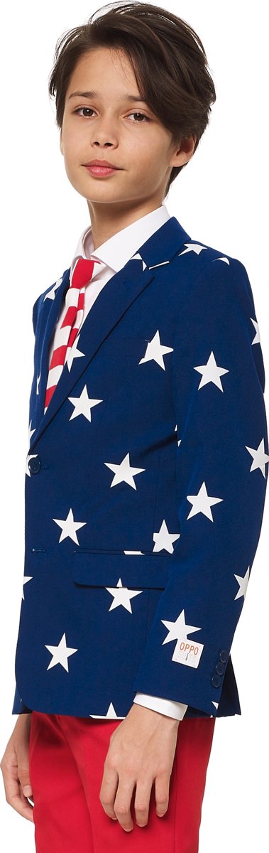 OppoSuits Stars & Stripes Pakken voor Jongens van Hoge Kwaliteit – Stars & Stripes Kostuum bevat Pantalon, Jasje en Stropdas! Maat 146/152