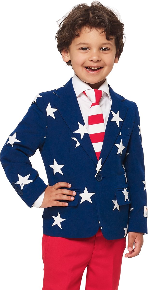 OppoSuits Stars & Stripes Pakken voor Jongens van Hoge Kwaliteit – Stars & Stripes Kostuum bevat Pantalon, Jasje en Stropdas! Maat 92/98